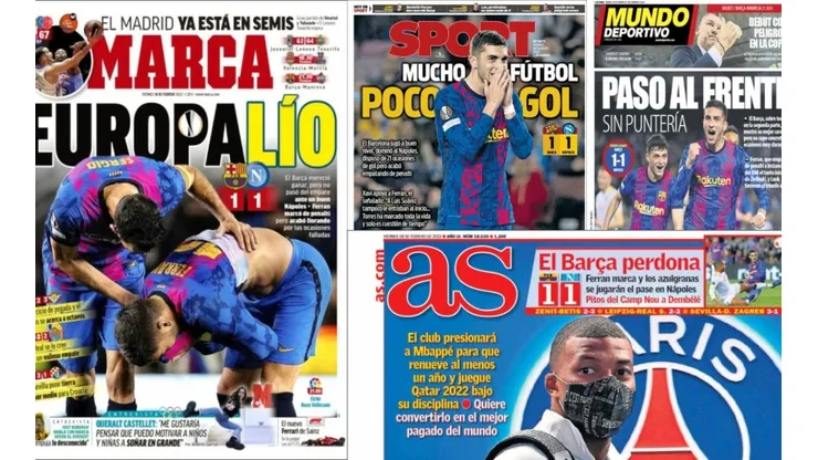 Las portadas de los medios tras el empate del Barcelona anoche.