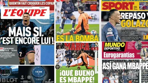 Las portadas de los medios europeos tras la exhibición de Kylian Mbappé anoche.