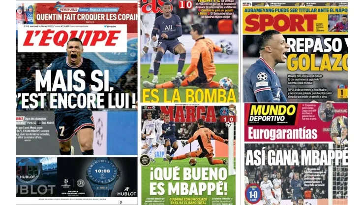 Las portadas de los medios europeos tras la exhibición de Kylian Mbappé anoche.