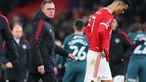 Ralf Rangnick y Cristiano Ronaldo en un encuentro de Manchester United.