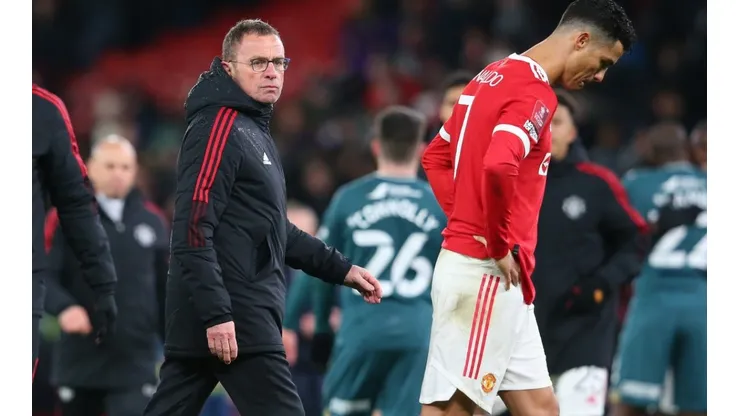 Ralf Rangnick y Cristiano Ronaldo en un encuentro de Manchester United.