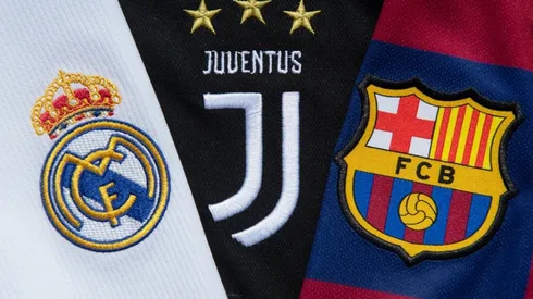 Escudos del Real Madrid, Barcelona y Juventus.