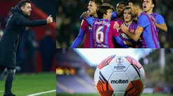 Xavi Hernández, jugadores del Barcelona y logo de la Europa League.