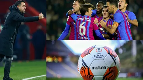 Xavi Hernández, jugadores del Barcelona y logo de la Europa League.