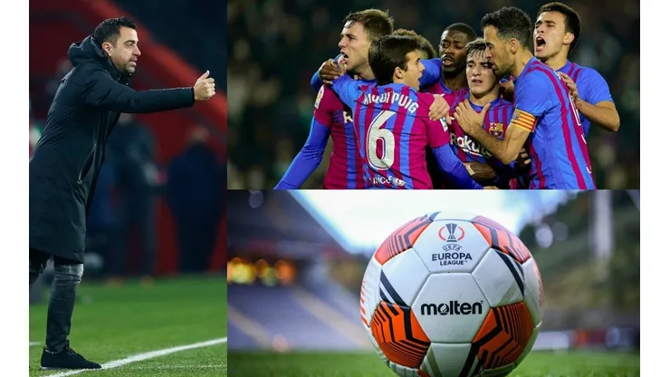 Xavi Hernández, jugadores del Barcelona y logo de la Europa League.