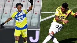 Cuadrado y Quintero en festejo de gol por debajo de la barrera.