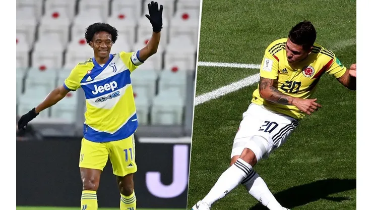 Cuadrado y Quintero en festejo de gol por debajo de la barrera.