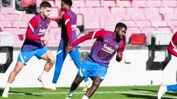 Ferrán Torres y Samuel Umtiti en un entrenamiento del Barcelona.