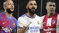 Memphis Depay, Karim Benzema y Luis Suárez, representantes de Barcelona, Real Madrid y Atlético respectivamente (Foto: Getty Images).