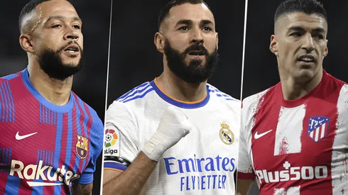 Memphis Depay, Karim Benzema y Luis Suárez, representantes de Barcelona, Real Madrid y Atlético respectivamente (Foto: Getty Images).