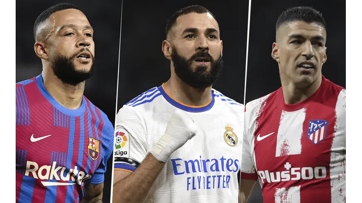 Memphis Depay, Karim Benzema y Luis Suárez, representantes de Barcelona, Real Madrid y Atlético respectivamente (Foto: Getty Images).