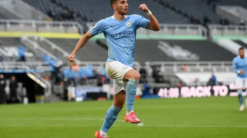 Ferrán Torres celebra uno de sus goles en Manchester City.