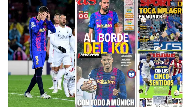 Algunas de las portadas tras el empate de Barcelona anoche por la Champions.