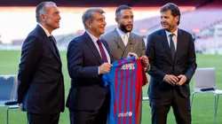 Joan Laporta y Matheu Alemany en la presentación de Memphis Depay.