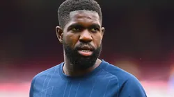 Umtiti en calentamiento con Barcelona.