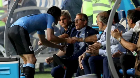 Cavani y Tabárez en el Mundial de Rusia 2018.