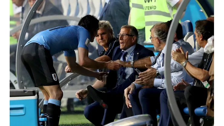 Cavani y Tabárez en el Mundial de Rusia 2018.