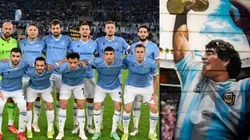 Jugadores de Lazio y mural de Diego Armando Maradona.