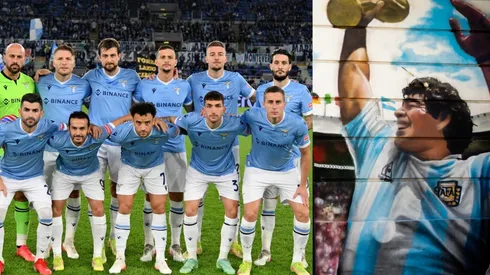 Jugadores de Lazio y mural de Diego Armando Maradona.