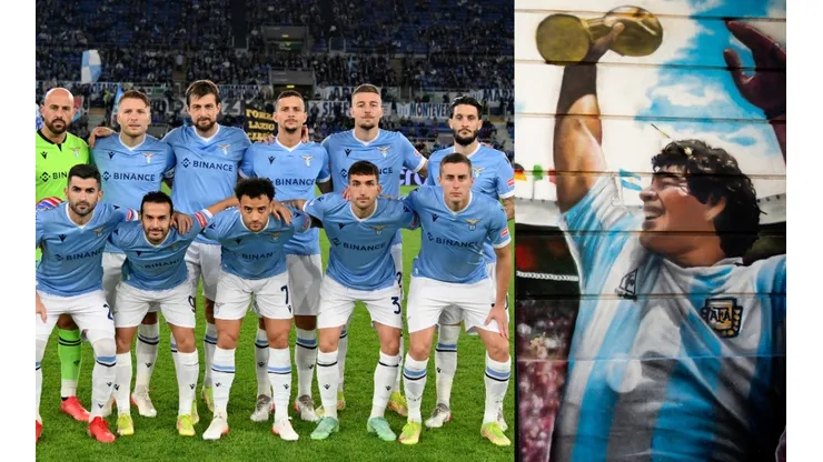 Jugadores de Lazio y mural de Diego Armando Maradona.