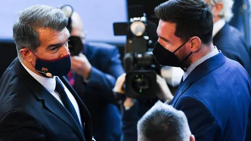 Joan Laporta y Lionel Messi en Barcelona.