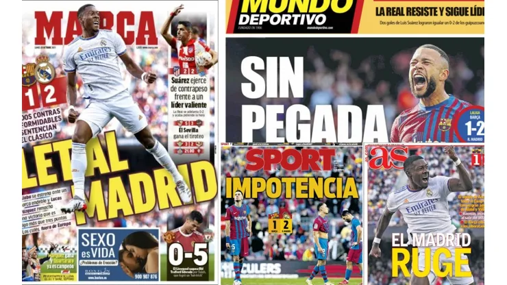 Las portadas de los principales medios españoles tras el Clásico entre Barcelona y Real Madrid.