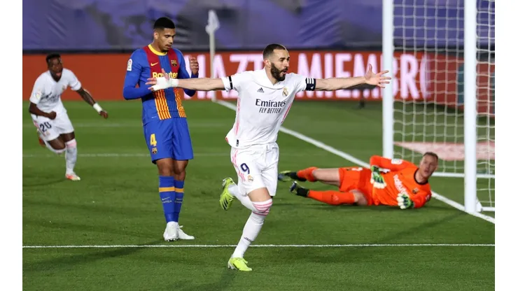 Karim Benzema y uno de sus goles al Barcelona.