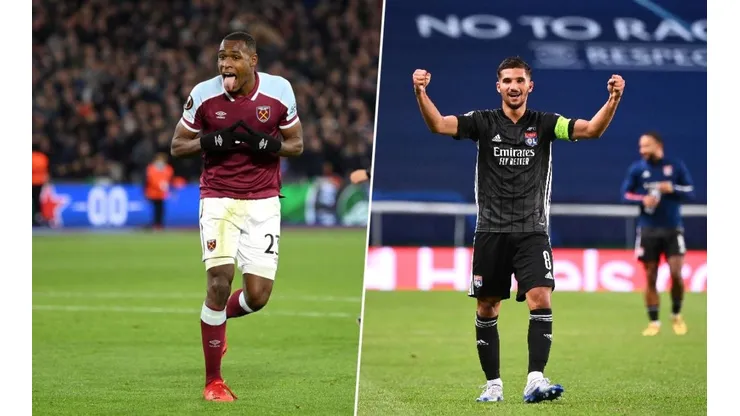 Issa Diop, de West Ham, y Houssem Aouar, de Olympique de Lyon.