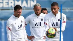 Lionel Messi, Neymar y Kylian Mbappé en un entrenamiento del PSG.
