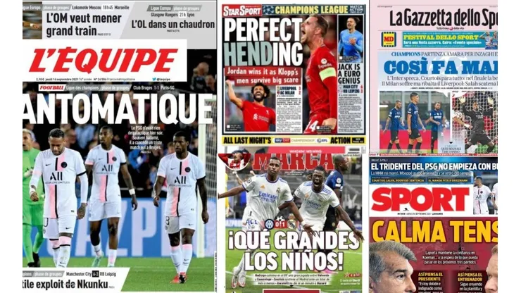 Las portadas de los medios europeos tras la primera jornada de Champions League.