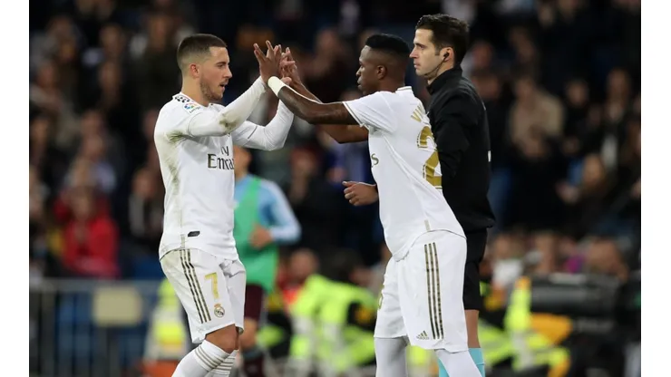 Eden Hazard y Vinícius en un encuentro de Real Madrid.