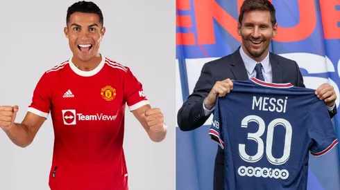 Cristiano Ronaldo y Lionel Messi en sus presentaciones en Manchester United y PSG.