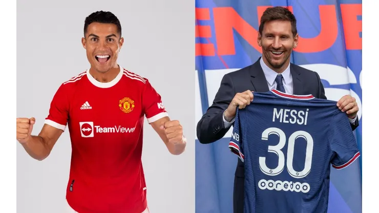 Cristiano Ronaldo y Lionel Messi en sus presentaciones en Manchester United y PSG.