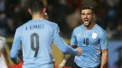 Giorgian De Arrascaeta celebrando su doblete para Uruguay.