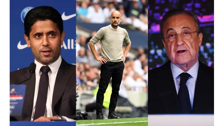 Nasser Al-Khelaifi, Pep Guardiola y Florentino Pérez.