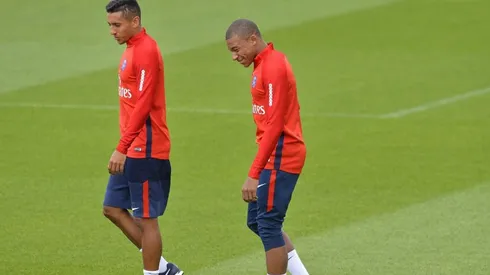Marquinhos y Kylian Mbappé en un entrenamiento con PSG.