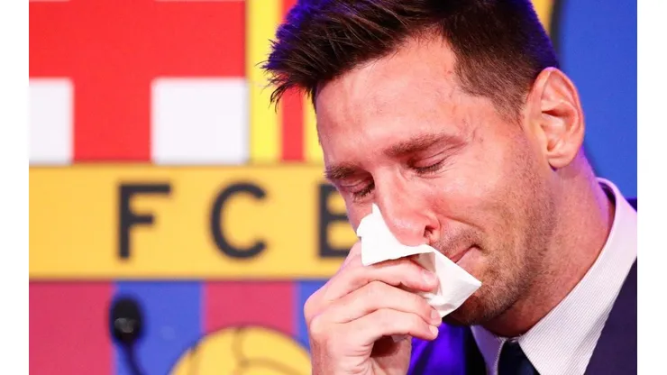 Lionel Messi en la rueda de prensa donde dejó Barcelona.