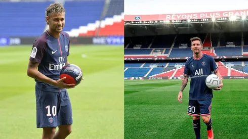 Neymar y Lionel Messi en su presentación en PSG.
