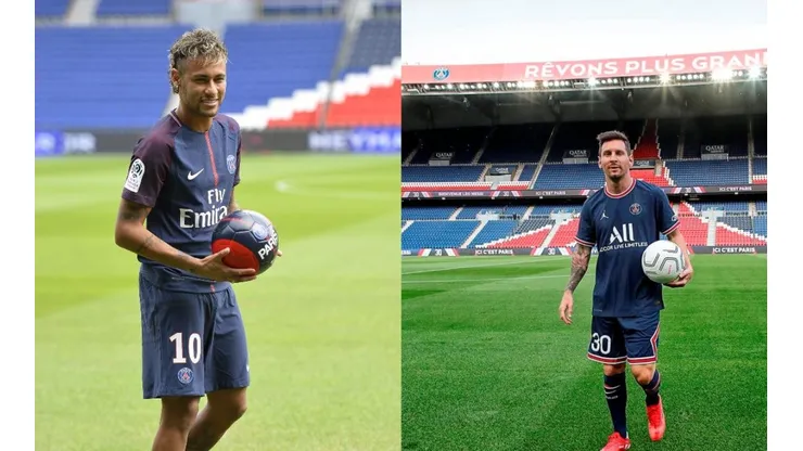Neymar y Lionel Messi en su presentación en PSG.