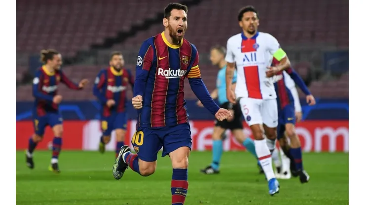 Lionel Messi festeja un gol ante PSG.
