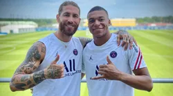 Sergio Ramos y Kylian Mbappé durante un entrenamiento del PSG.