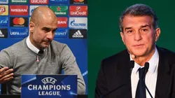 Pep Guardiola y Joan Laporta en ruedas de prensa en Barcelona.