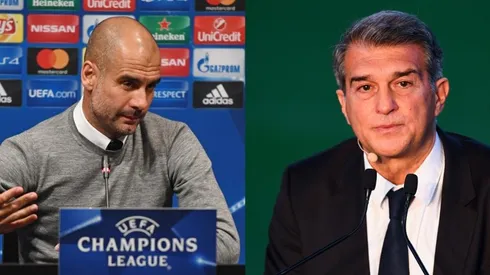Pep Guardiola y Joan Laporta en ruedas de prensa en Barcelona.