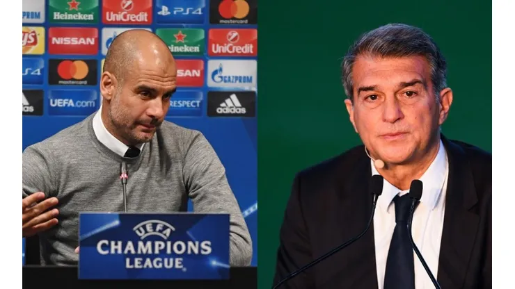 Pep Guardiola y Joan Laporta en ruedas de prensa en Barcelona.