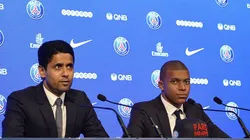 Nasser Al-Khelaifi y Kylian Mbappé en una rueda de prensa en PSG.