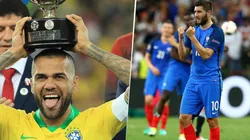 Dani Alves y Andre-Pierre Gignac, de Brasil y Francia en los Juegos Olímpicos.