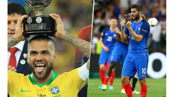 Dani Alves y Andre-Pierre Gignac, de Brasil y Francia en los Juegos Olímpicos.