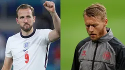 Harry Kane y Simon Kjaer, jugadores de Inglaterra y Dinamarca.