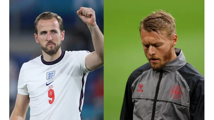 Harry Kane y Simon Kjaer, jugadores de Inglaterra y Dinamarca.