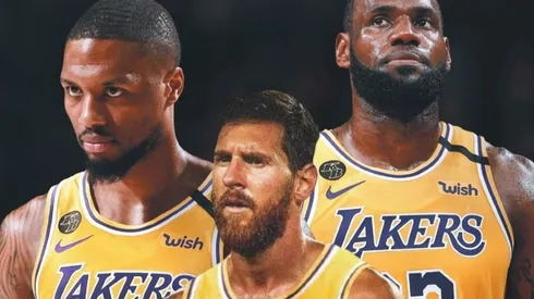 Lionel Messi con el jersey de los Lakers, de la NBA.